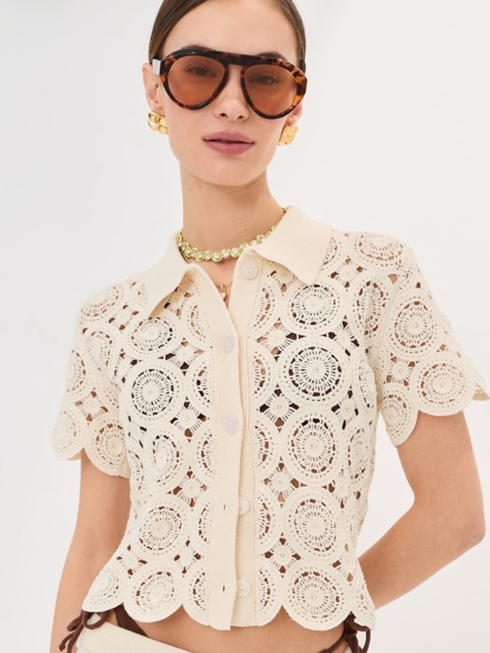 Le Bop Crochet Button-Front Polo Top in Cream